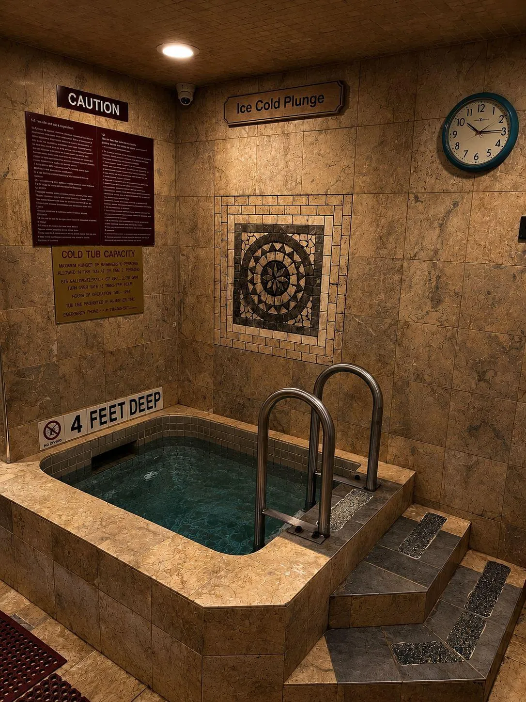The ice cold plunge: four feet deep, steel rails and steps down, a mosaic medallion on the wall.