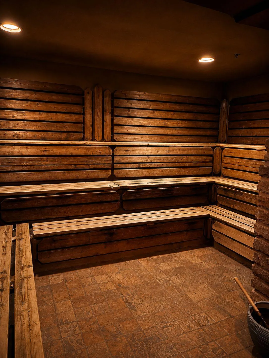Cedar plank walls and two tiers of benches in one of BRC's saunas.