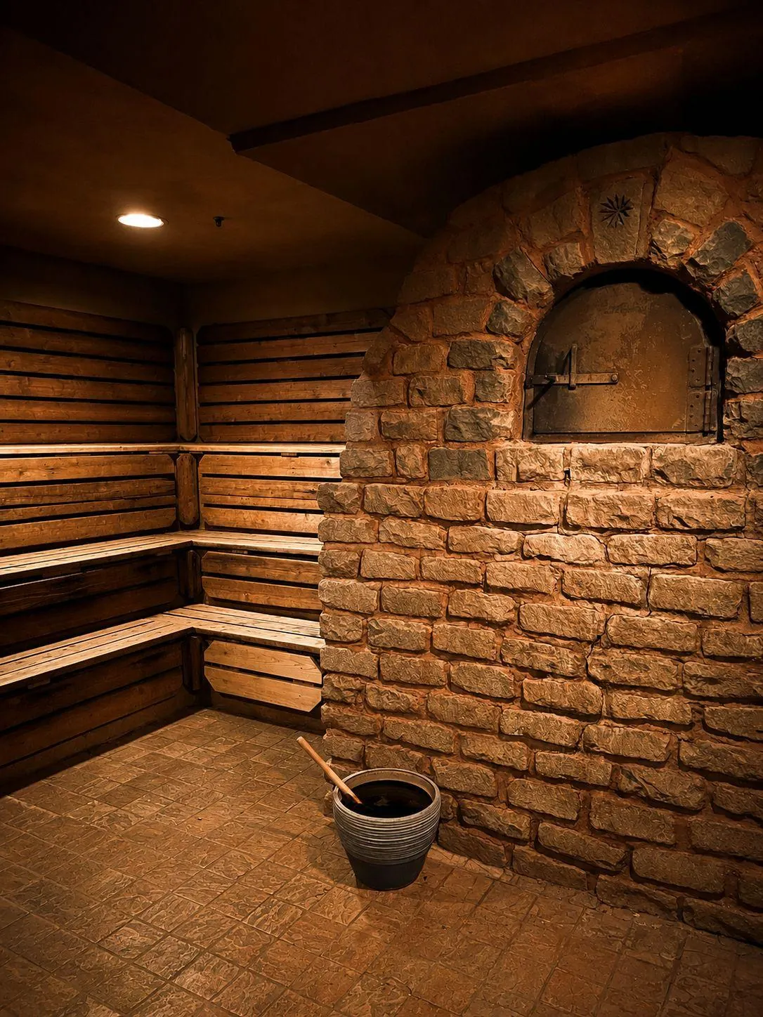 The Russian sauna's brick stove with its arched door, a bucket on the tile floor.
