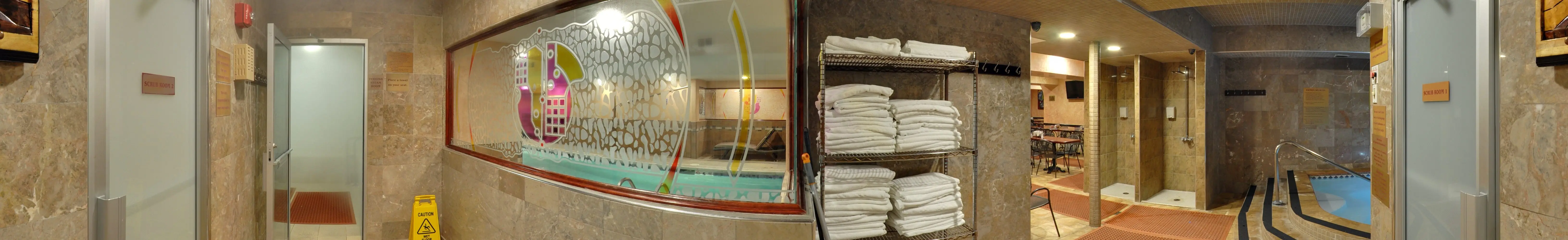 The showers and the ice cold plunge off the sauna corridor.