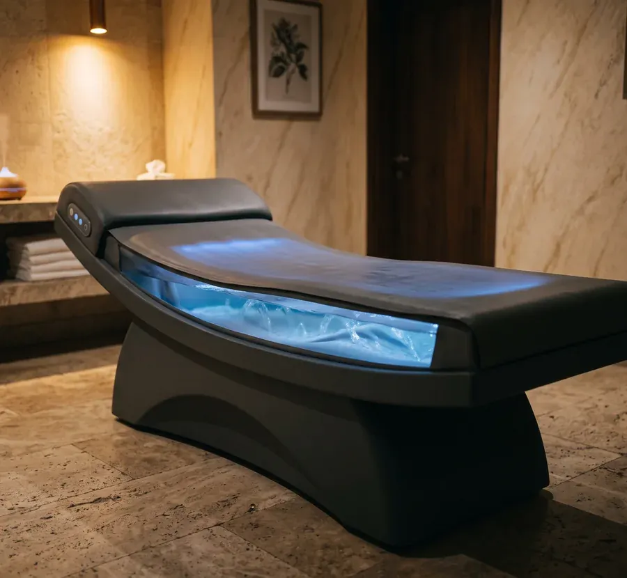 The hydro-massage bed, a heated waterbed lit blue along its length.